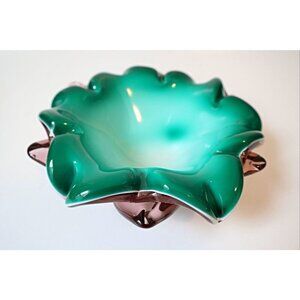 Vintage Murano Cased Glass Bowl Purple Green White Bowl  Mid Century Modern